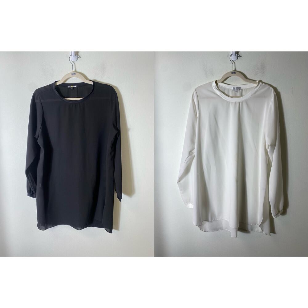 Bundle of 2 A'Nue White/Black Sheer Long Sleeve Tops Sz L